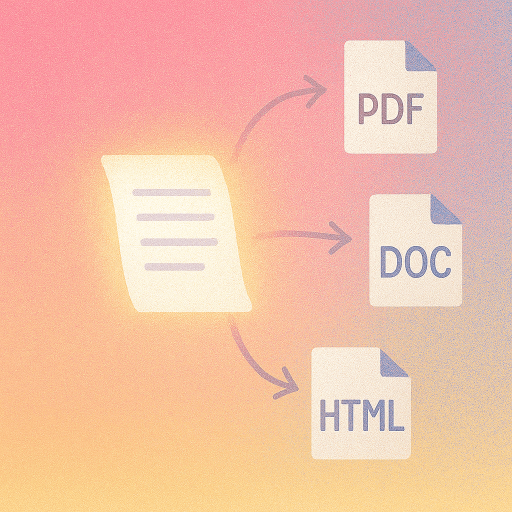 A document with arrows pointing to PDF, DOC, and HTML export formats.