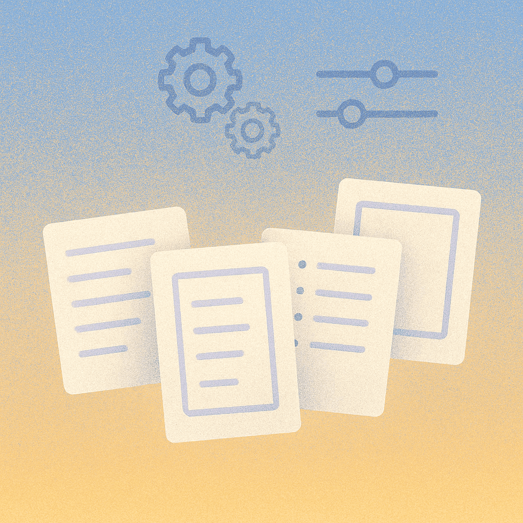 Four document cards with gear and settings icons, suggesting document management or configuration.
