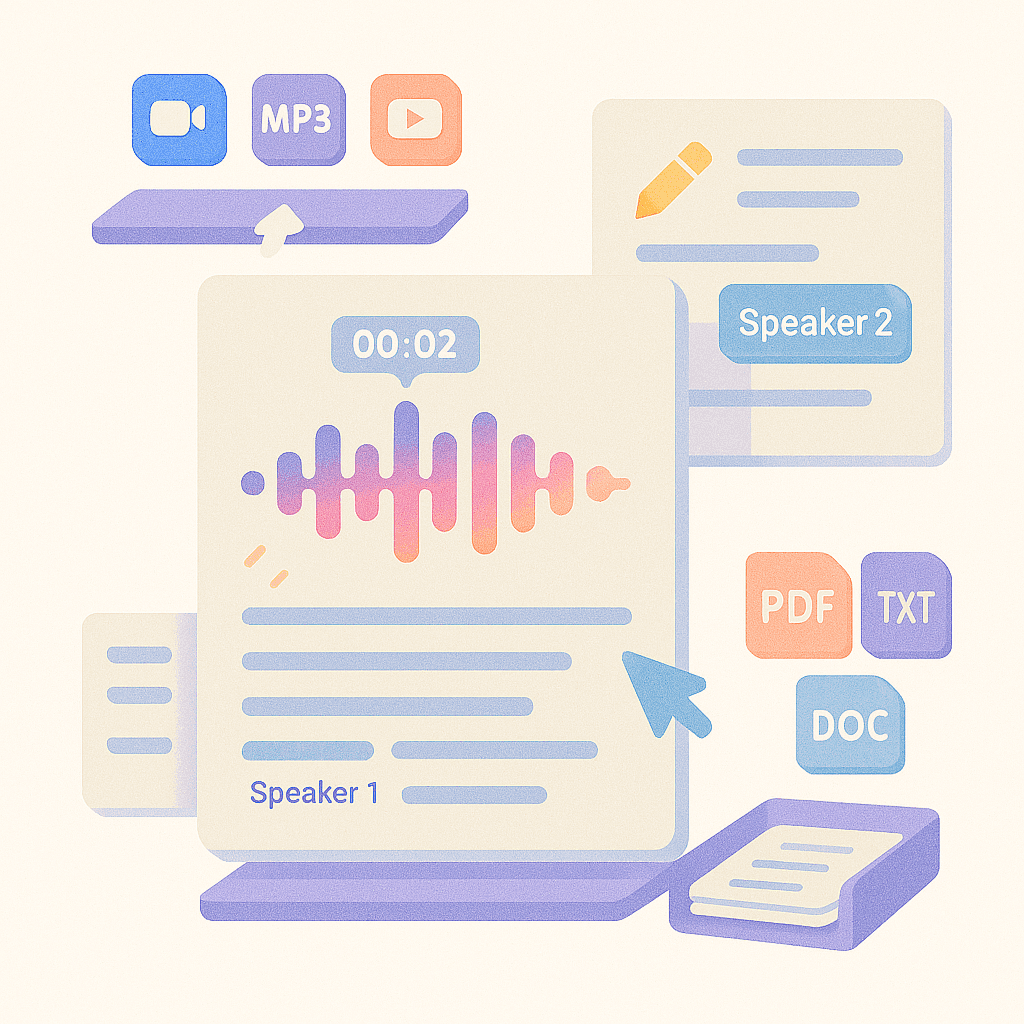 "An audio transcription interface showing a waveform, speaker labels, and export options for PDF, TXT, and DOC formats.