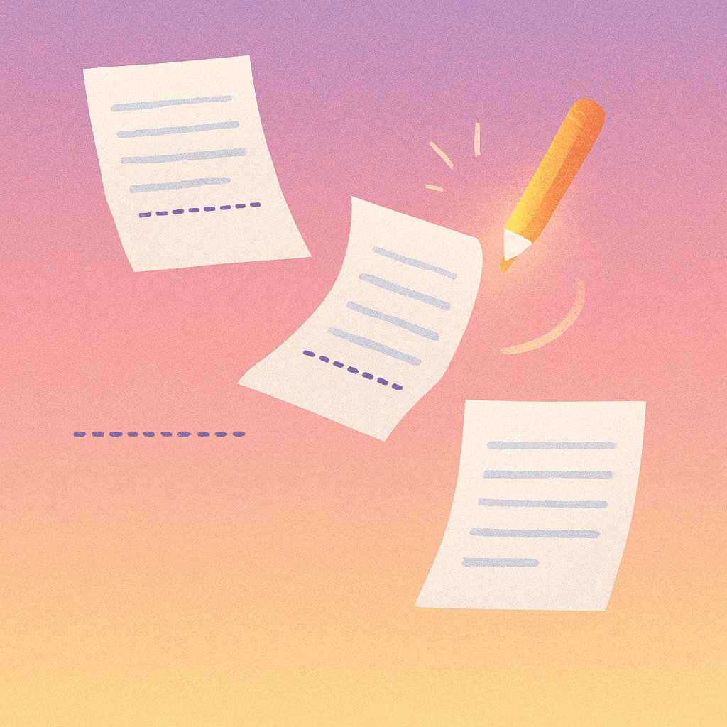 Three floating documents with a pencil, illustrating writing or editing.