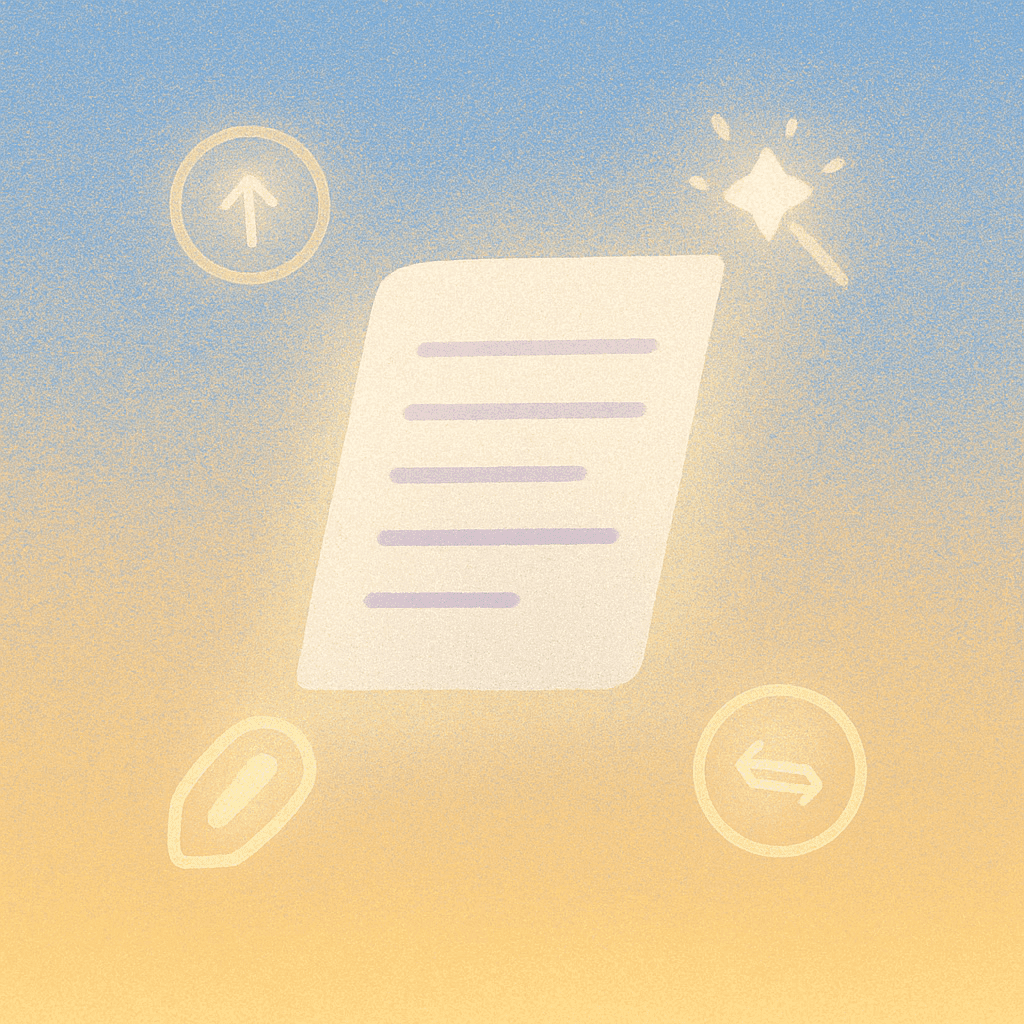A document with a magic wand, upload, edit, and undo icons, suggesting AI-assisted editing.
