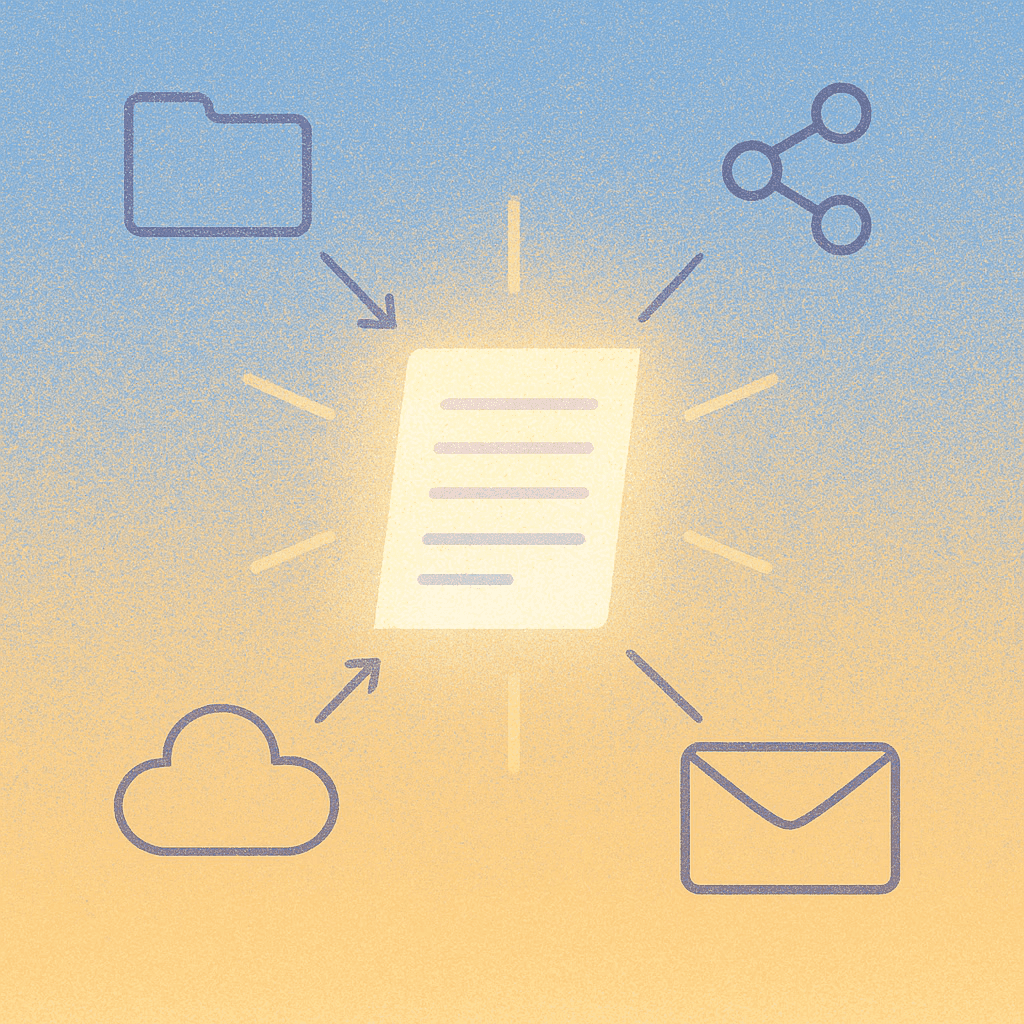 A glowing document connected to a folder, share, cloud, and email icon.